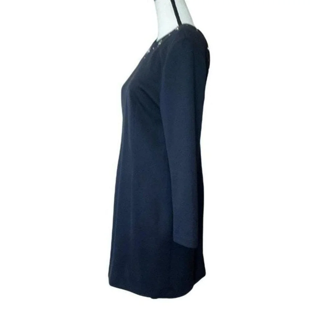 Vintage Black Long Sleeve Embellished‎ Neckline Dress Women Large Zipper Front - Picture 11 of 13